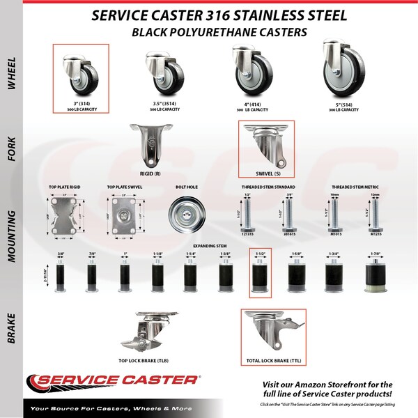 Service Caster 3 Inch 316SS Black Poly Swivel 1-1/2 Inch Expanding Stem Caster Set Lock Brake SCC-SS316TTLEX20S314-PPUB-BLK-112-4 - main
